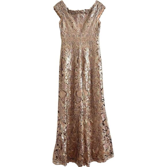 BHLDN Tadashi Shoji Odette Dress 8 Champagne Lace Sequin Gown Embroidered Formal - Picture 4 of 16